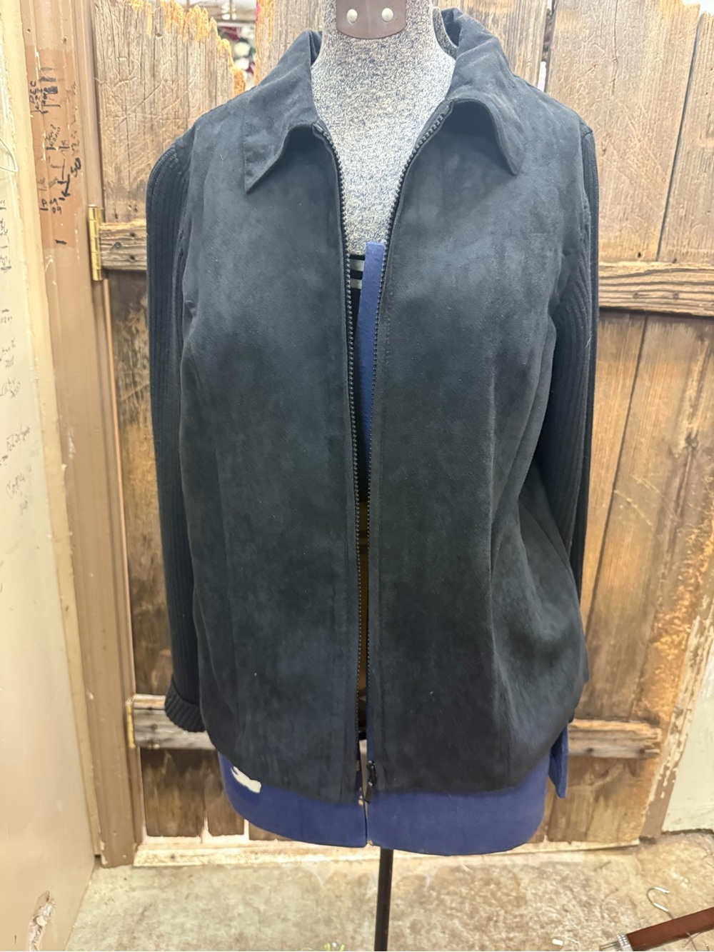 Studio Works Black Suede Zip Jacket with Knit Sleeves